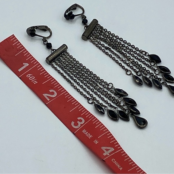 Gunmetal Black Crystal Earrings Chandelier Dangle Drop Clip On Non Pierced Goth - Picture 5 of 5